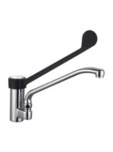   Ipari kivitelű, asztali csaptelep hosszú fekete karral és kifolyóval